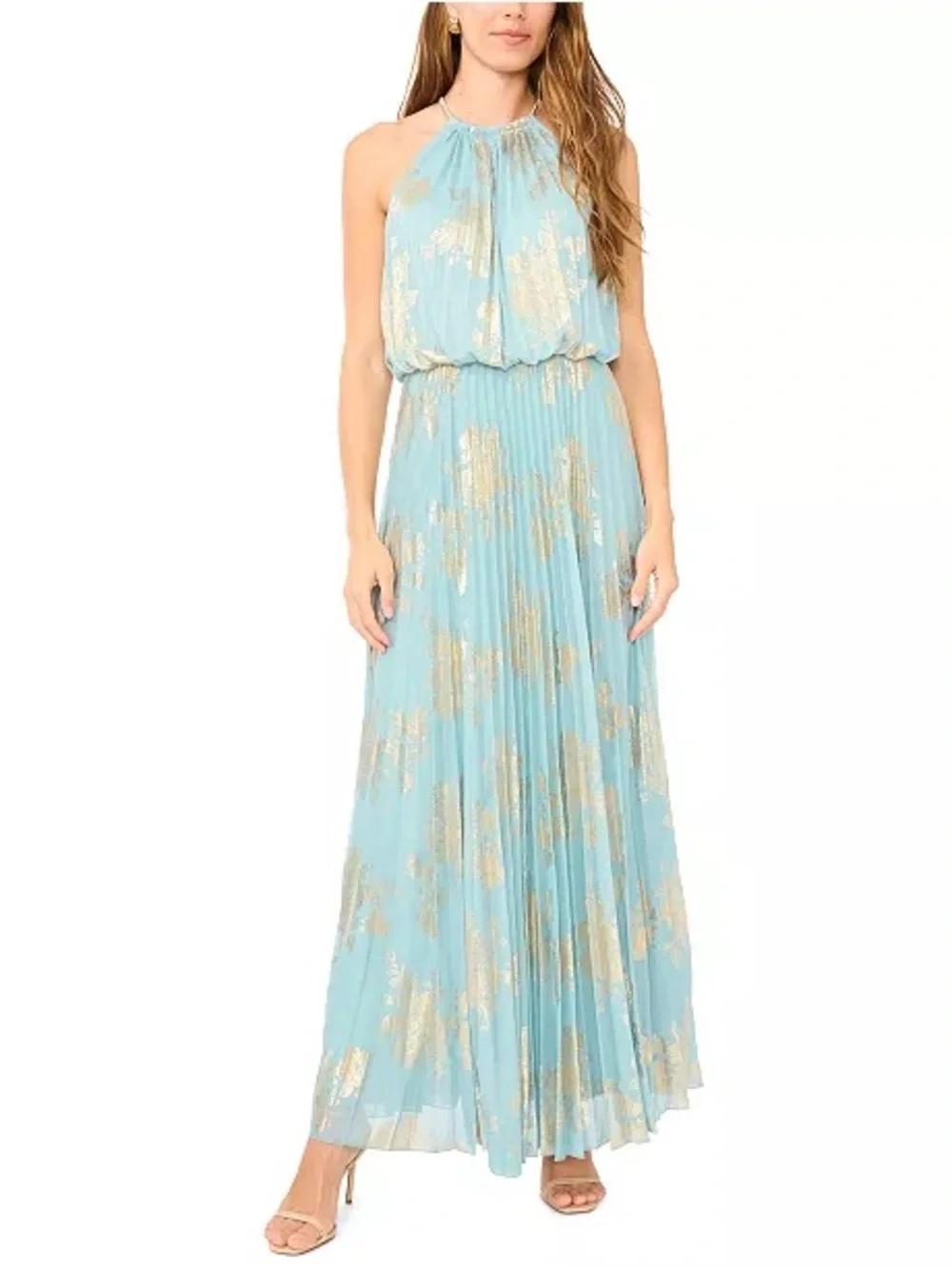Xscape | Dresses | Xscape Aqua Gold Metallic Maxi Dress Pleated Halter Neck Formal Size 4